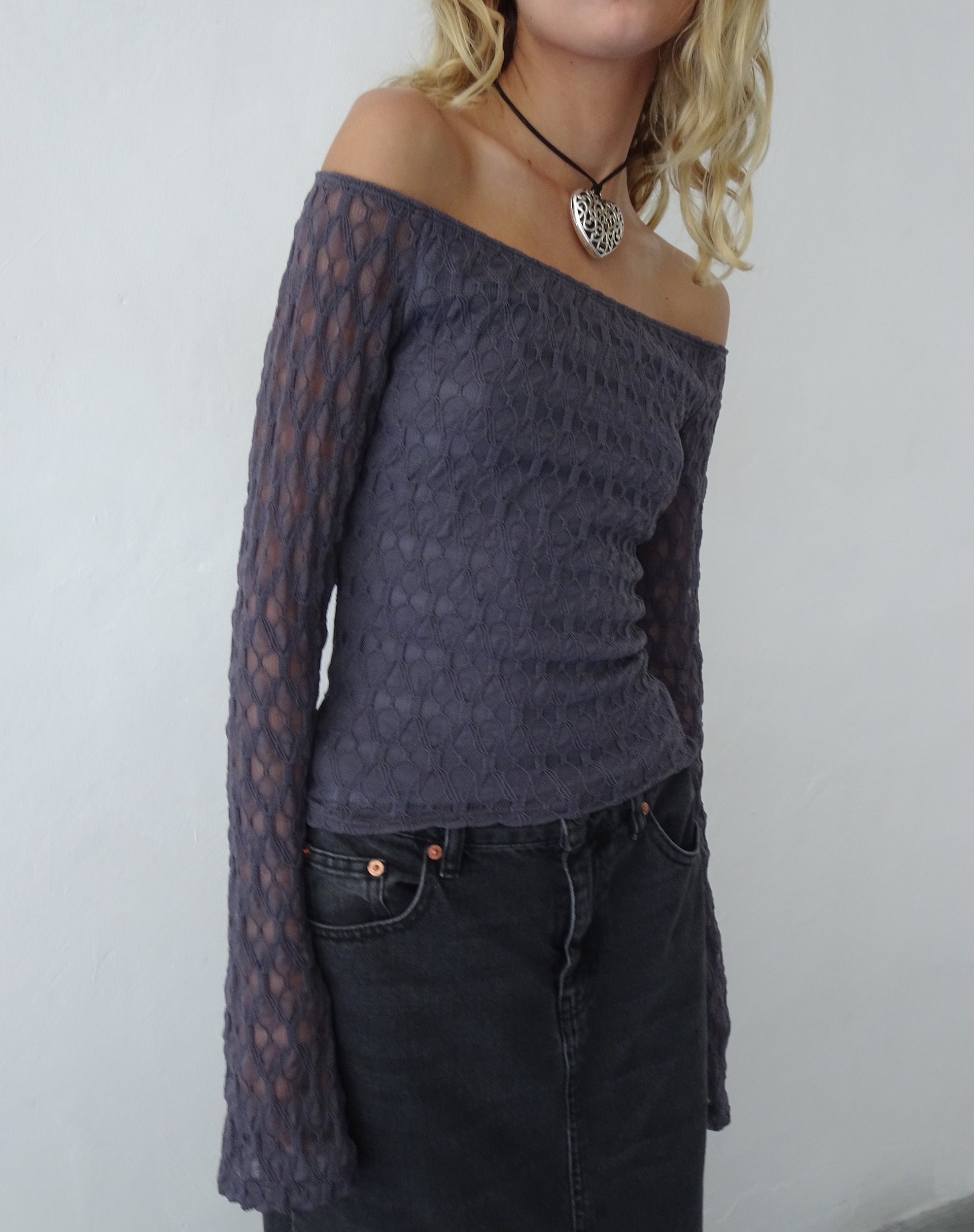 Immagine di Neira Top Bardot a maniche lunghe in maglia testurizzata Ocean Storm