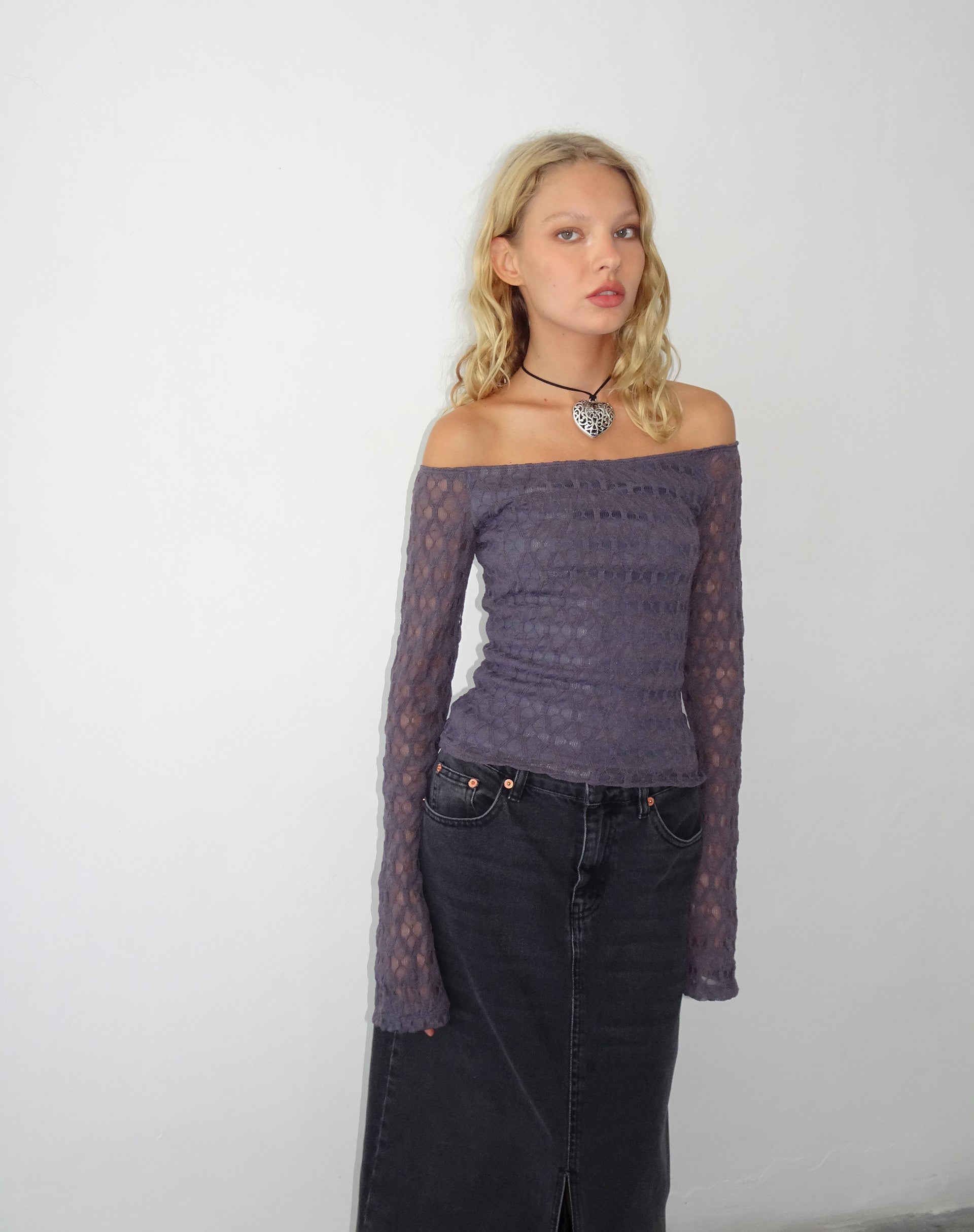 Immagine di Neira Top Bardot a maniche lunghe in maglia testurizzata Ocean Storm