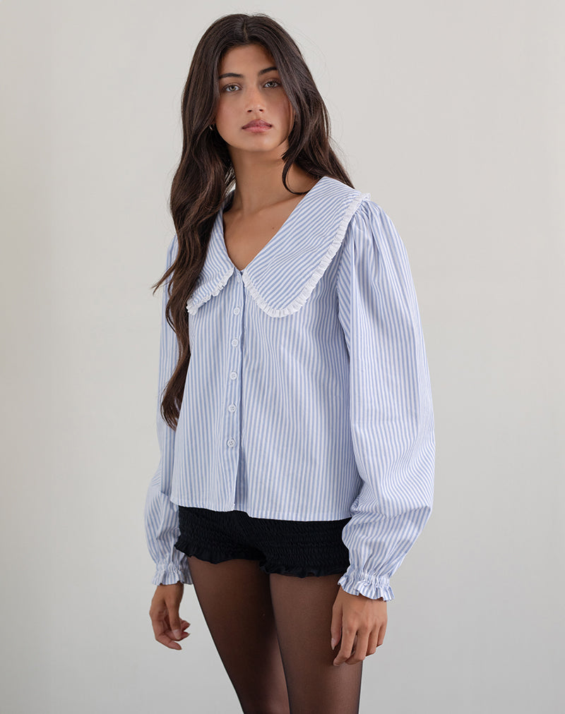 Nelcy - Camicia con colletto oversize a righe verticali piccole - blu