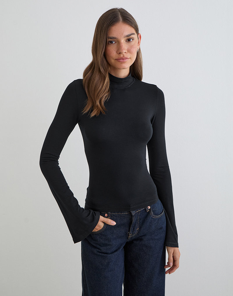 Immagine del top a maniche lunghe con collo alto Nell in jersey di rayon nero