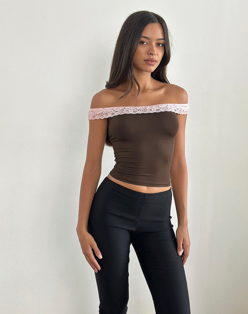 Top Nesel in pizzo marrone slinky rosa