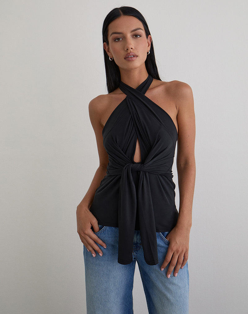 Immagine della maglia a maniche lunghe con multi-fiocco Nezuko in cupro nero