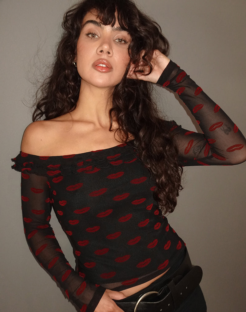 Immagine di Nihal Frill Bardot Top in Lips Flock Nero