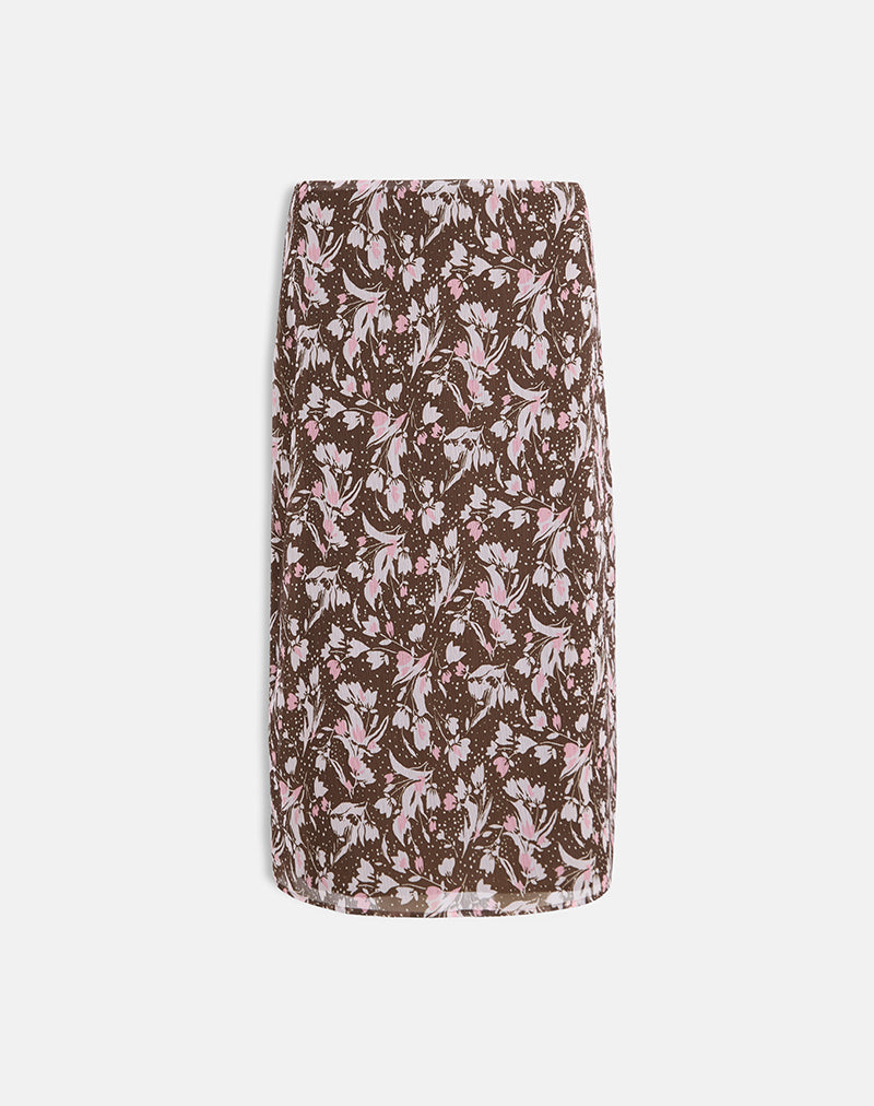 Immagine di Nimas Gonna midi in chiffon marrone e rosa a fiori polka