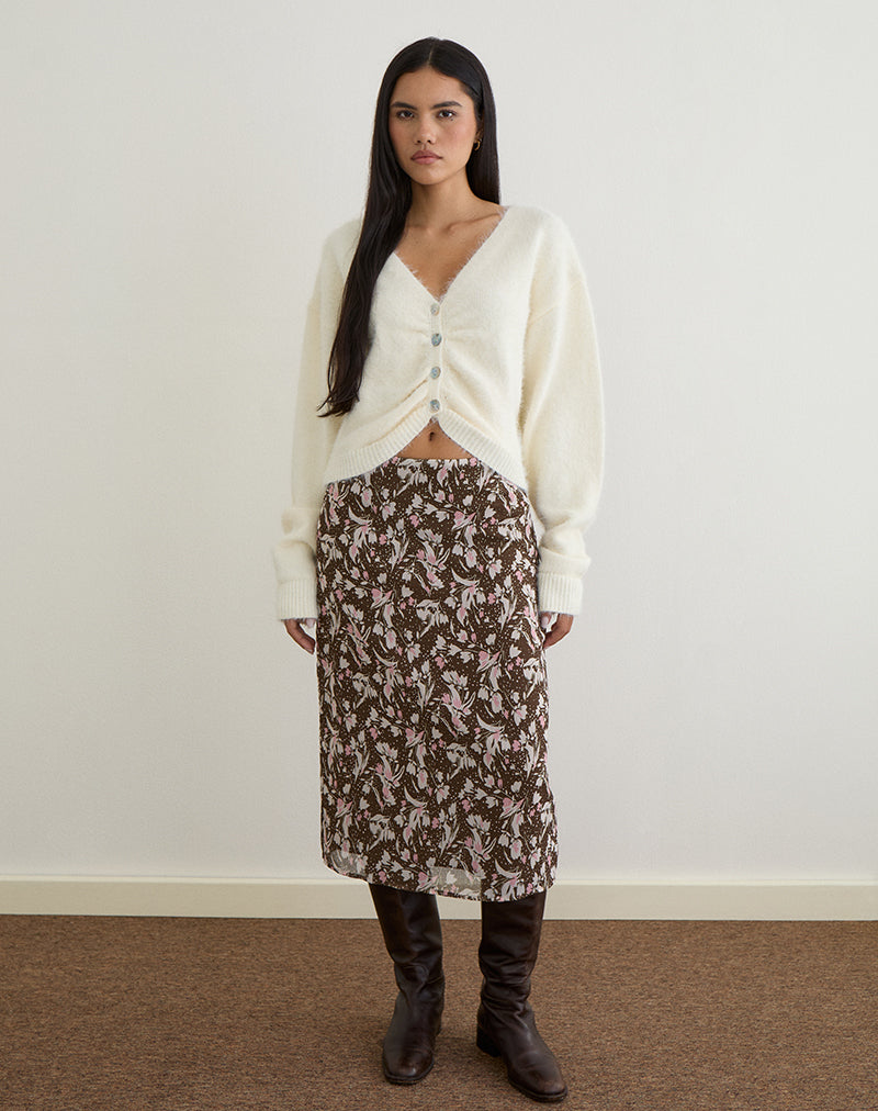 Immagine di Nimas Gonna midi in chiffon marrone e rosa a fiori polka