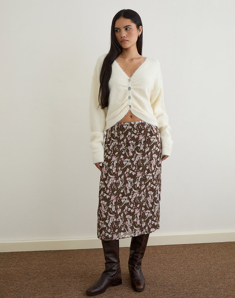 Gonna midi Nimas in chiffon a fiori polka marrone e rosa