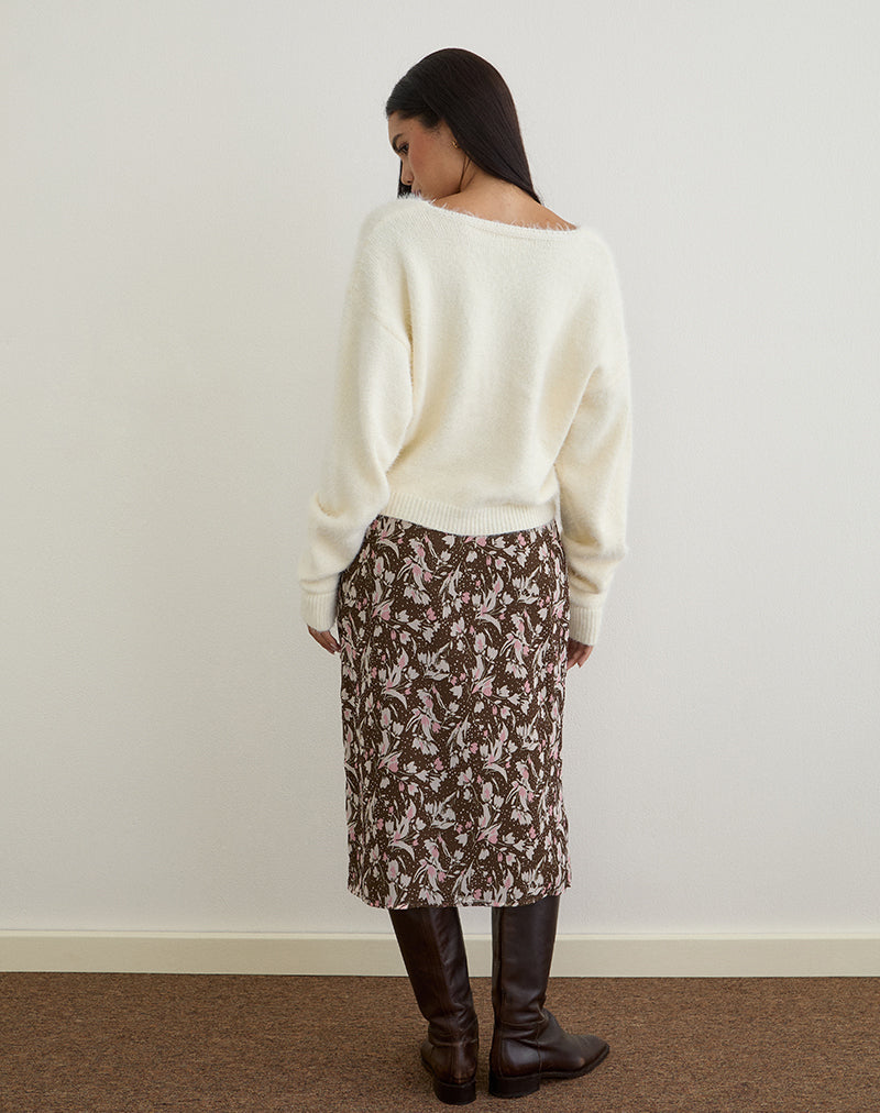 Immagine di Nimas Gonna midi in chiffon marrone e rosa a fiori polka