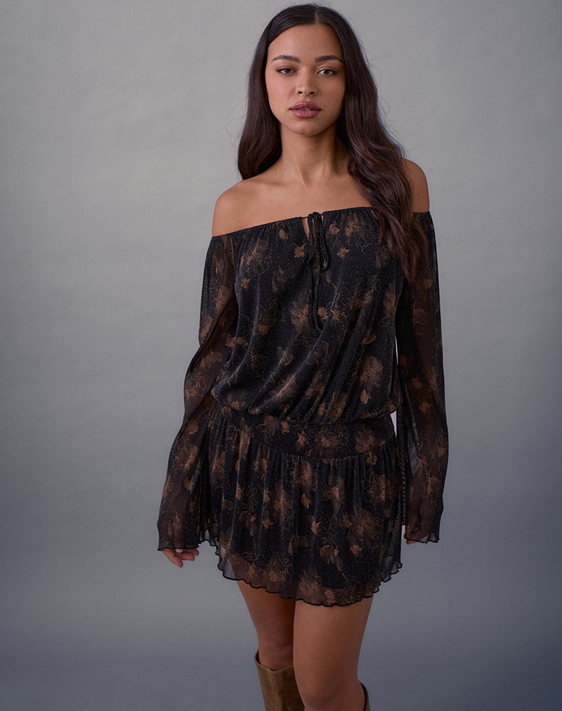 Image of Nisha Long Sleeve Mini Dress in Black with Bronze Shimmer