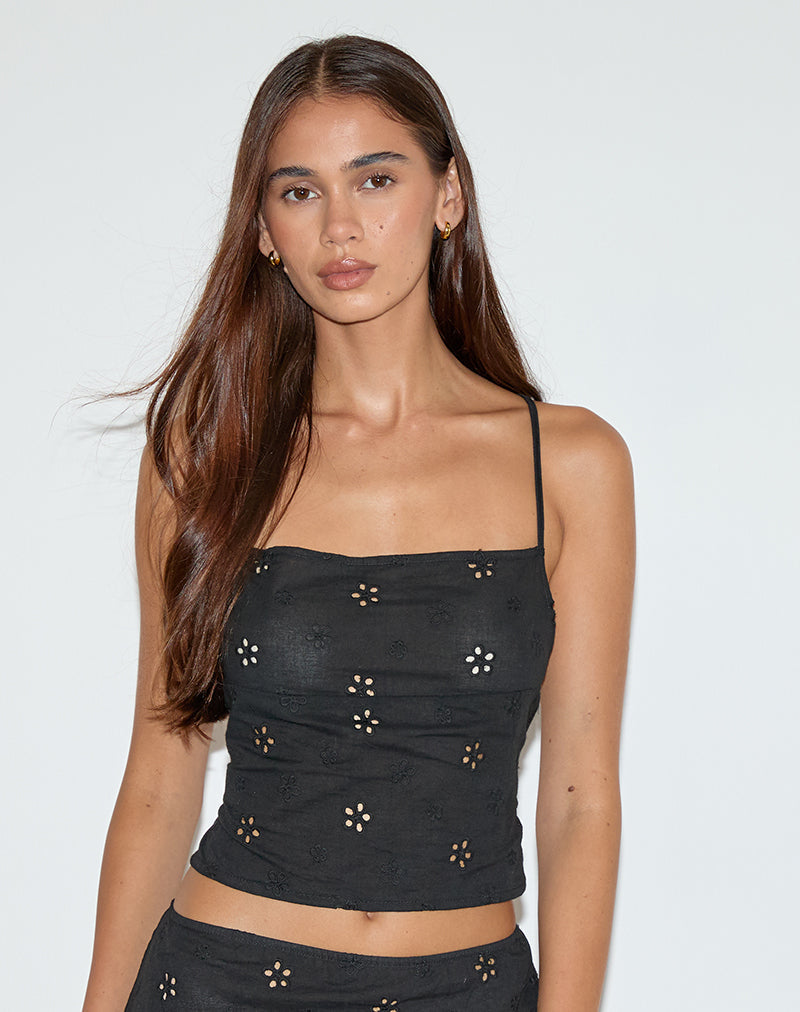 Top Nobita Cami in Flower Broderie nero