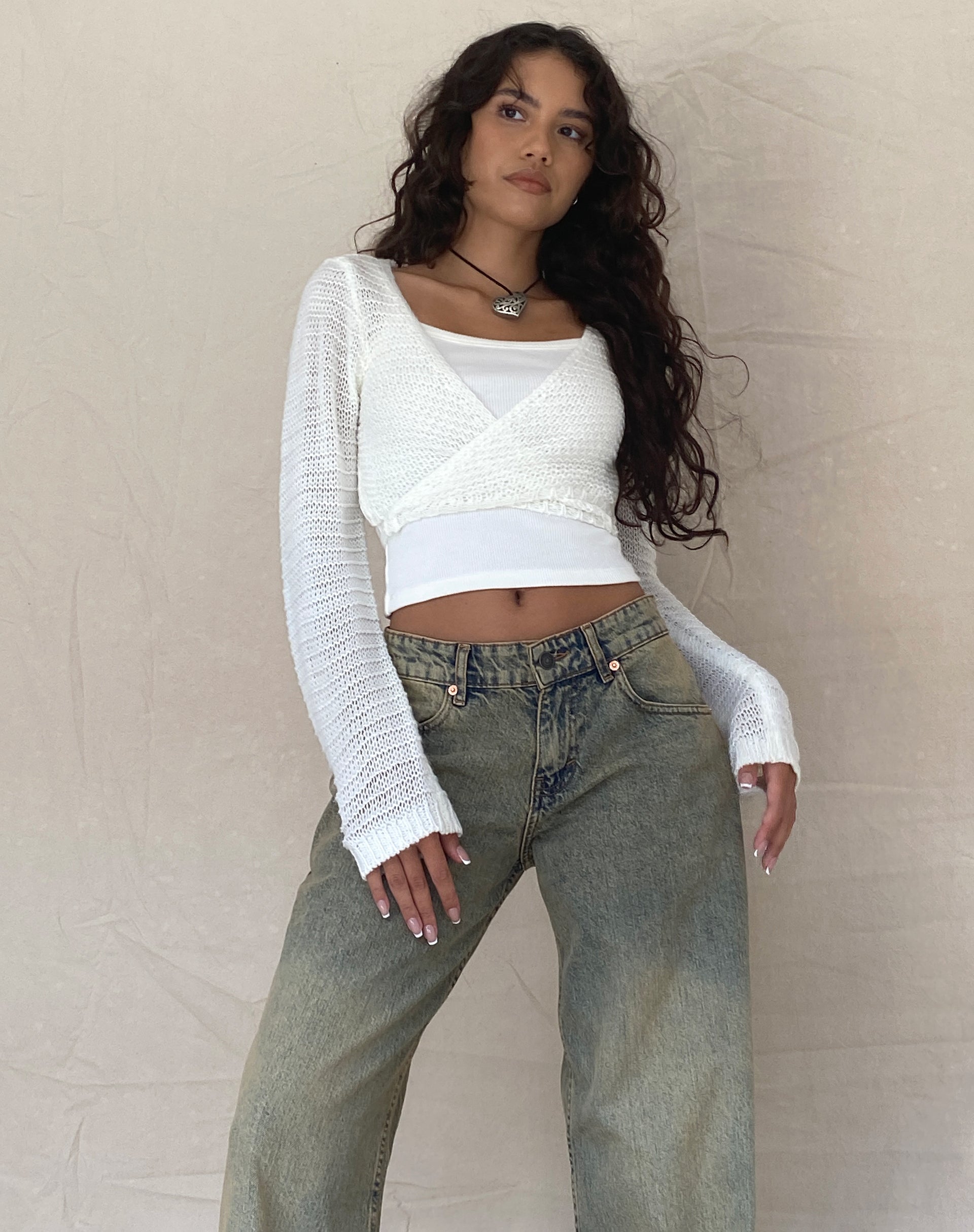 Immagine di Nocta Crop Top a manica lunga in maglia a trama avorio
