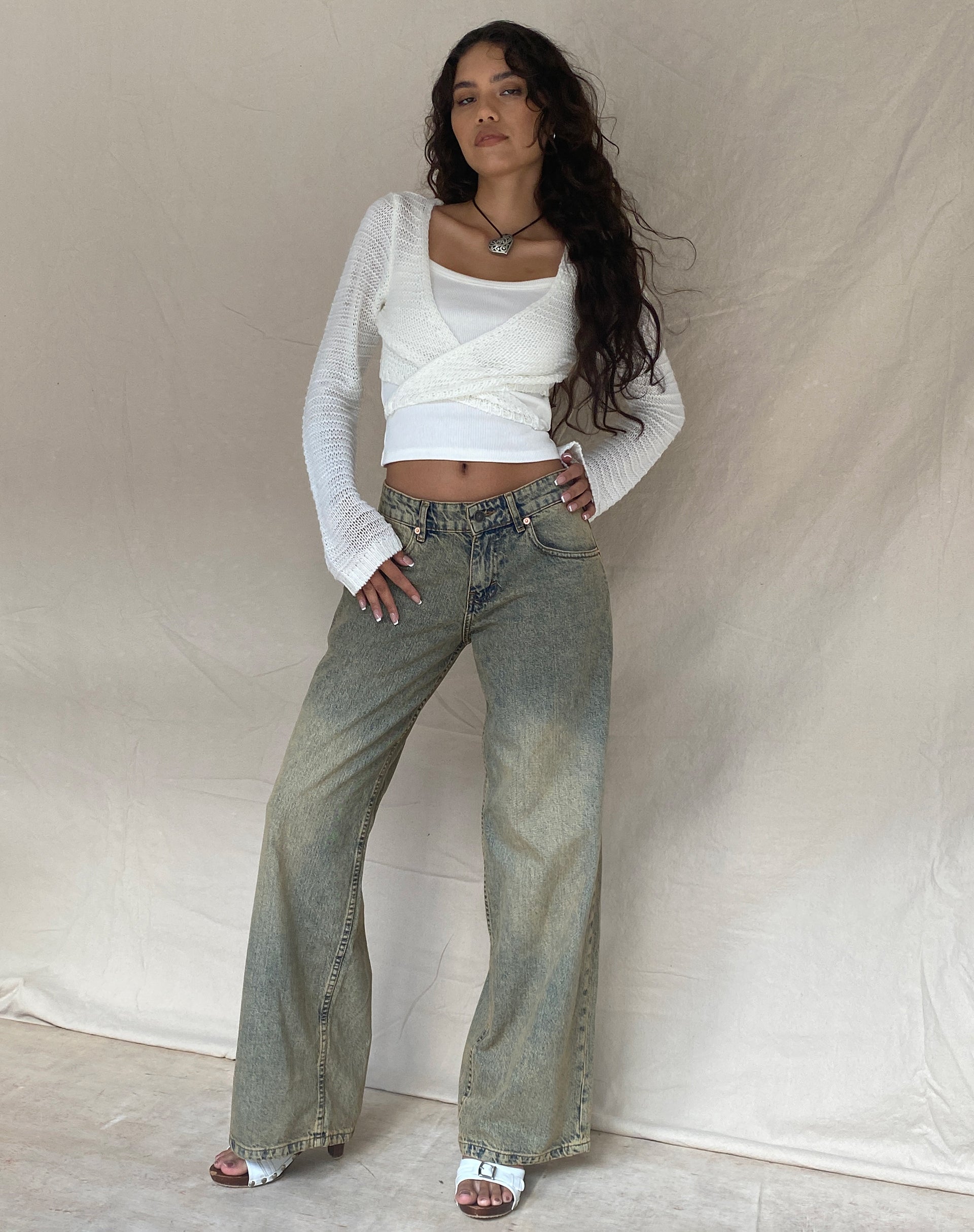 Immagine di Nocta Crop Top a manica lunga in maglia a trama avorio