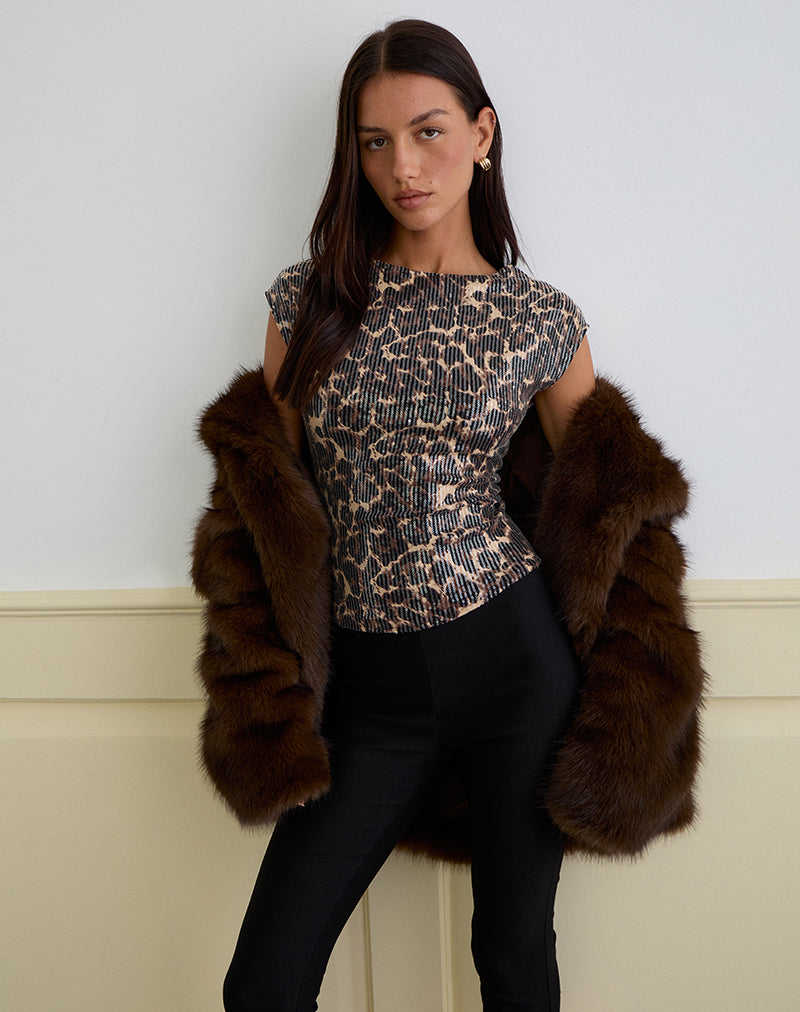 Top Noera senza schienale in leopardo e paillettes marrone