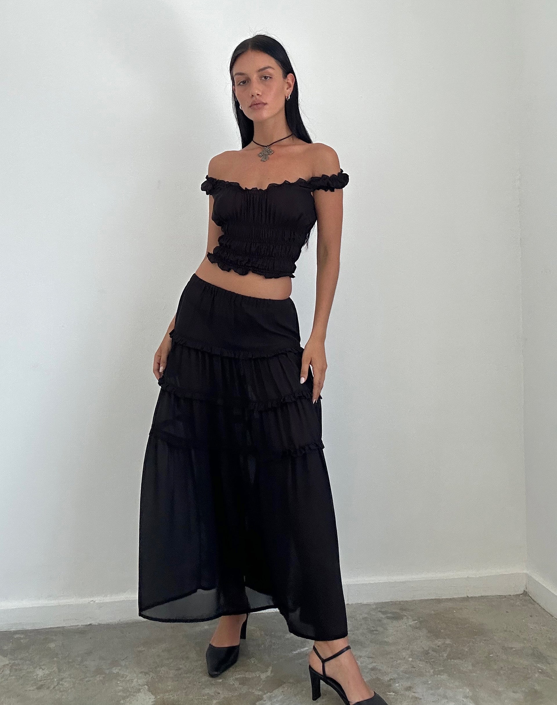 Immagine di Norah, maxi gonna a pieghe in chiffon nero