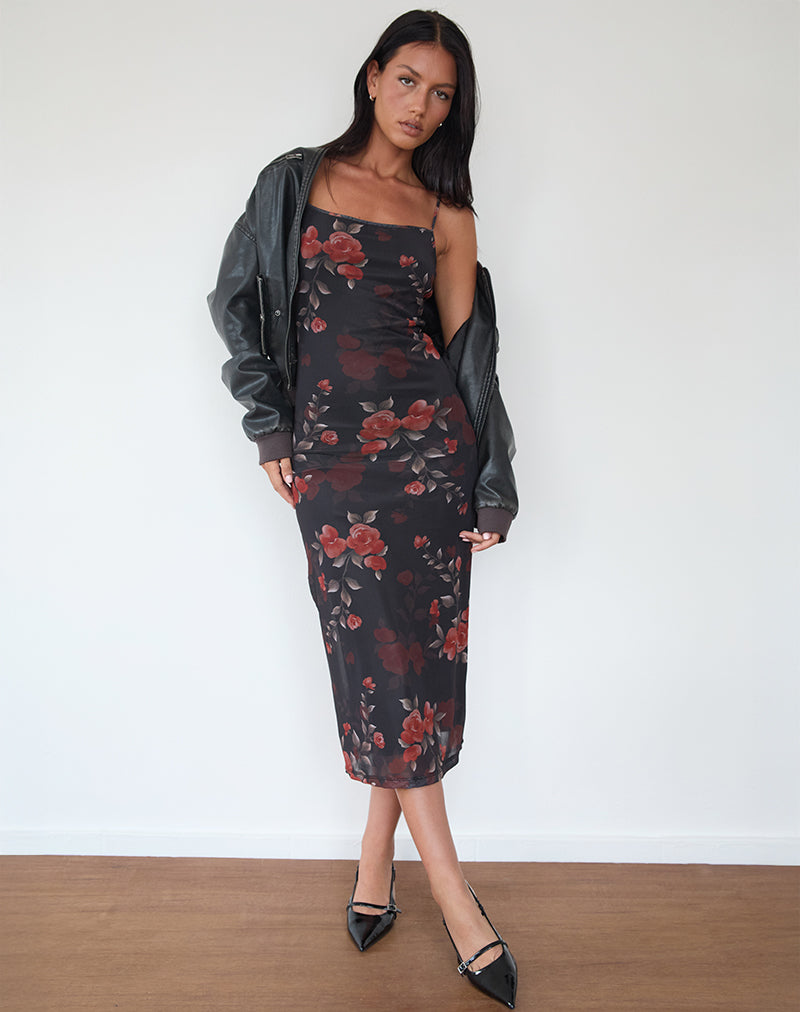 Nori Midi Dress in Watercolour Rose Nero