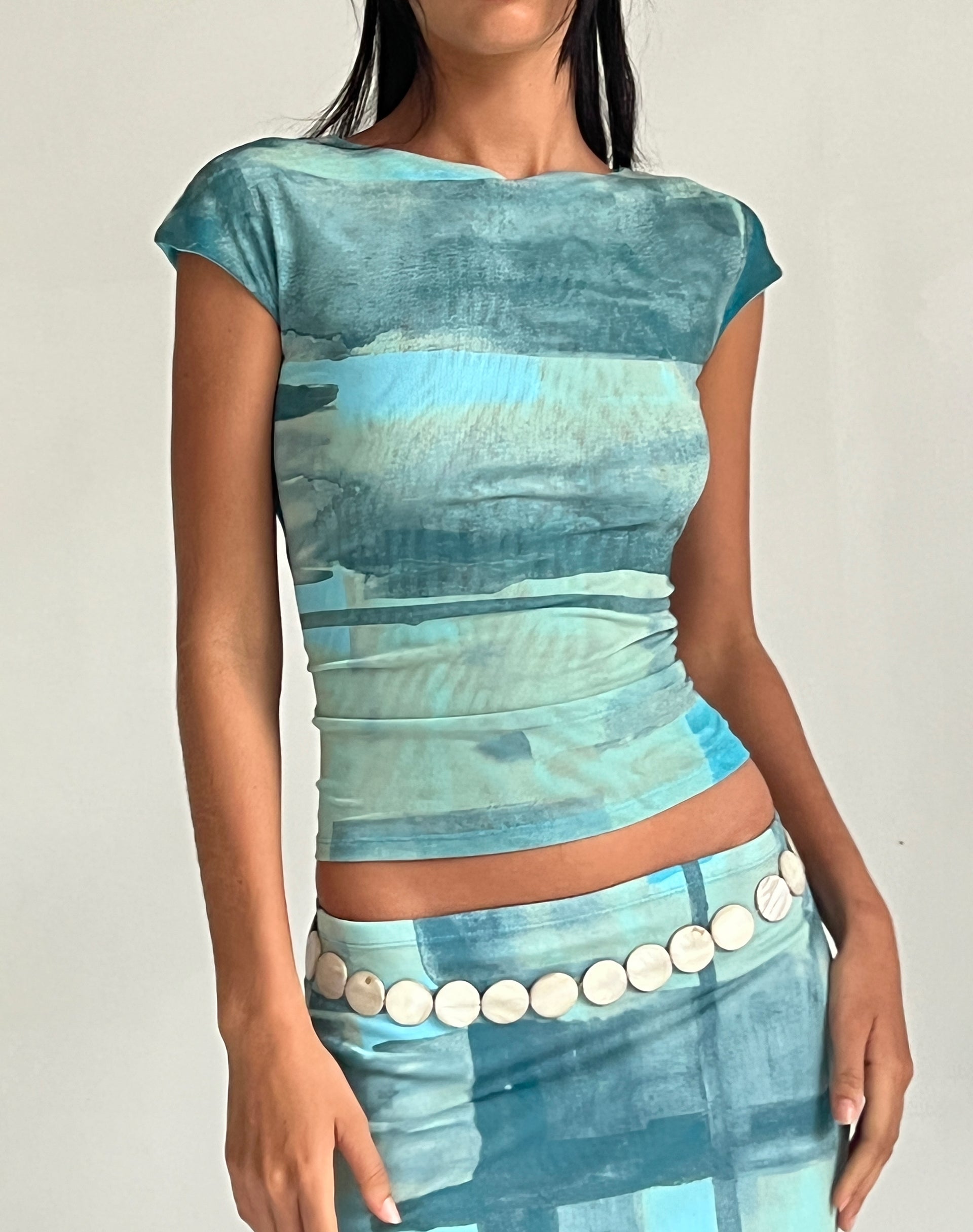 Immagine di MOTEL X JACQUIE Nova Top in maglia verde e blu pennello astratto