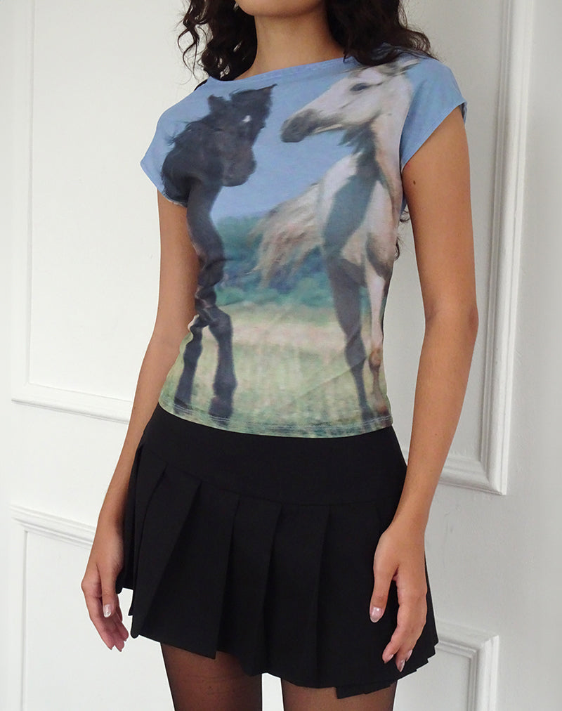 Top Nova con stampa cavalli in rete blu