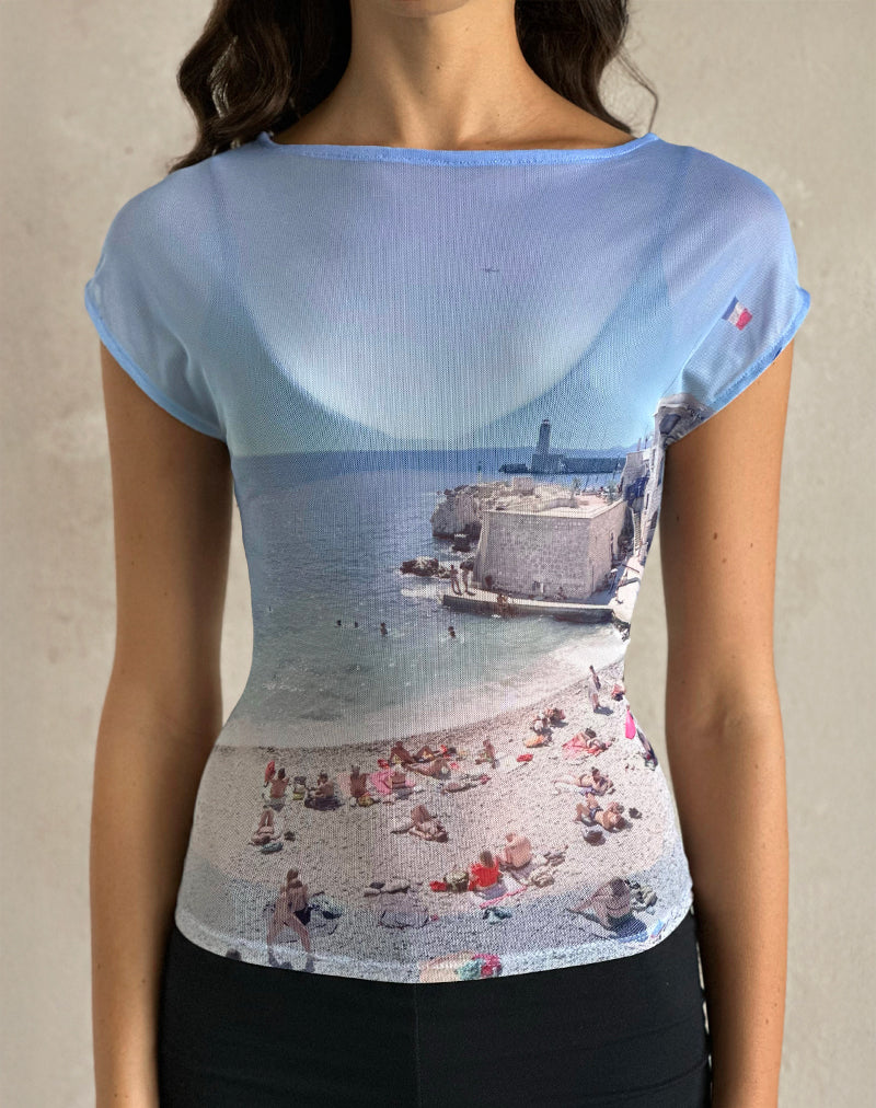 Top Nova in maglia stampata con grafica blu Costa Azzurra