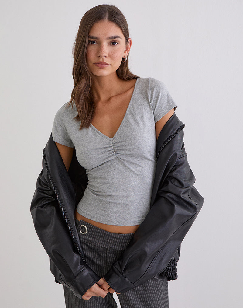 Top Obanai a maniche corte con scollo a V in grigio melange