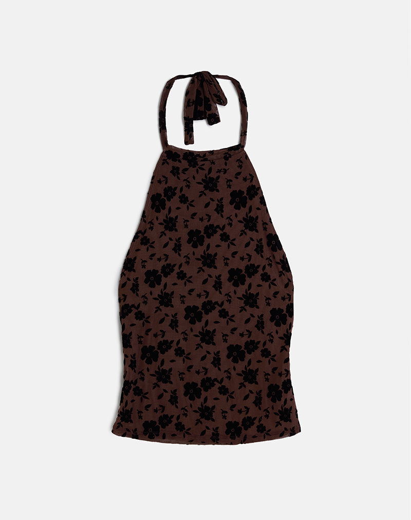 Top Olivera in marrone con fiori da giardino
