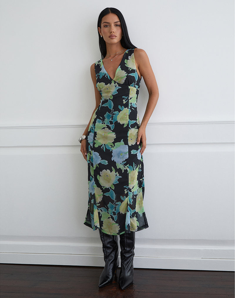 Abito midi Olydia in chiffon nero con stampa floreale in cristallo