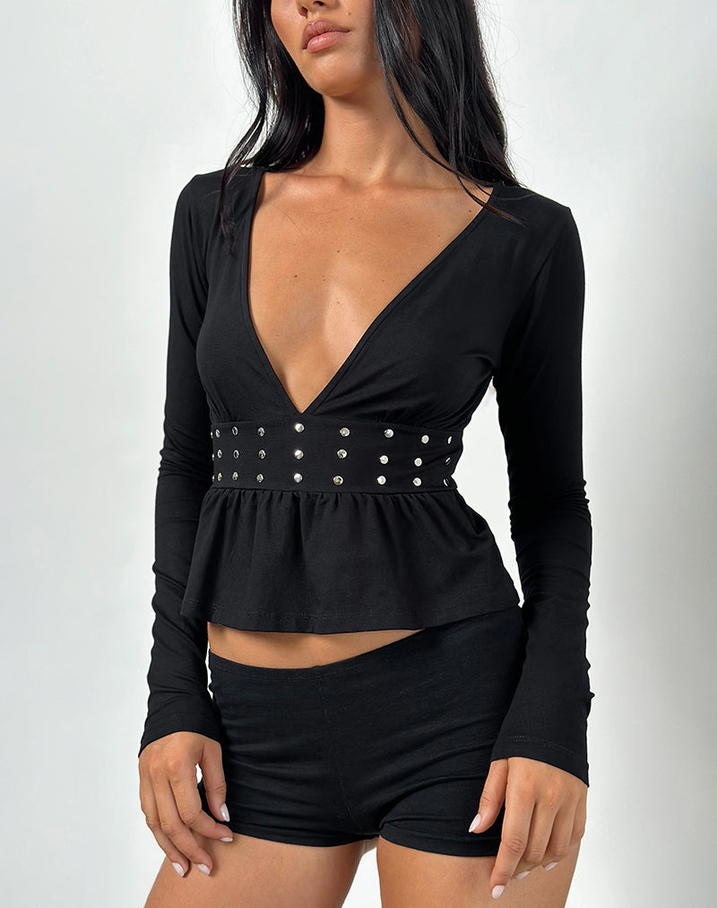 Top Ophay in jersey nero con borchie