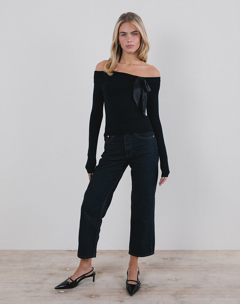 Top Orianne Bardot in maglia nera con fiocco in raso