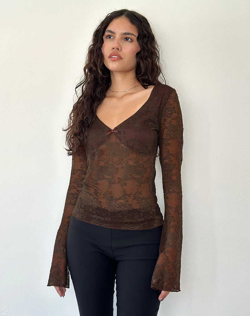 Top in pizzo a maniche lunghe Orphee in marrone