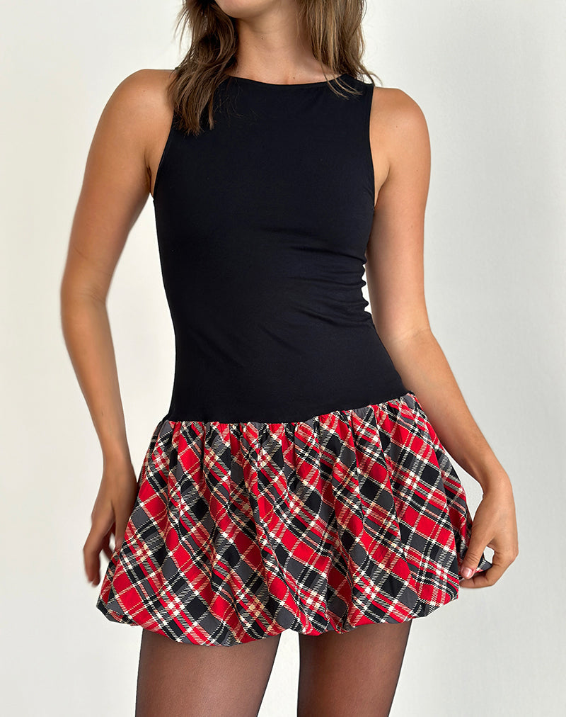 Mini abito Ortega in nero con quadrettatura diagonale rossa