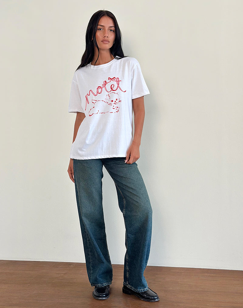 Maglietta basic oversize in bianco con gattino