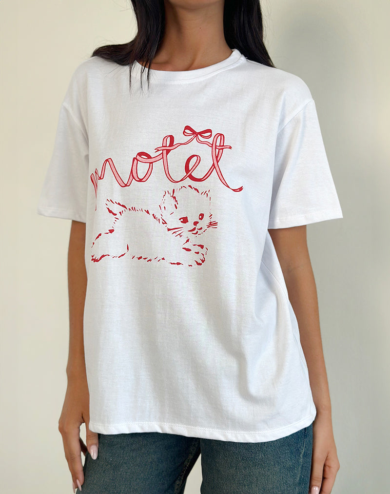 Maglietta basic oversize in bianco con gattino