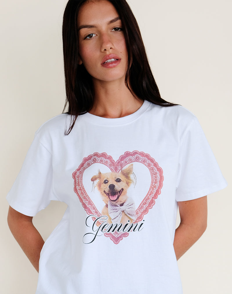 Maglietta basic oversize di colore bianco con stampa di animali domestici Gemini Motel