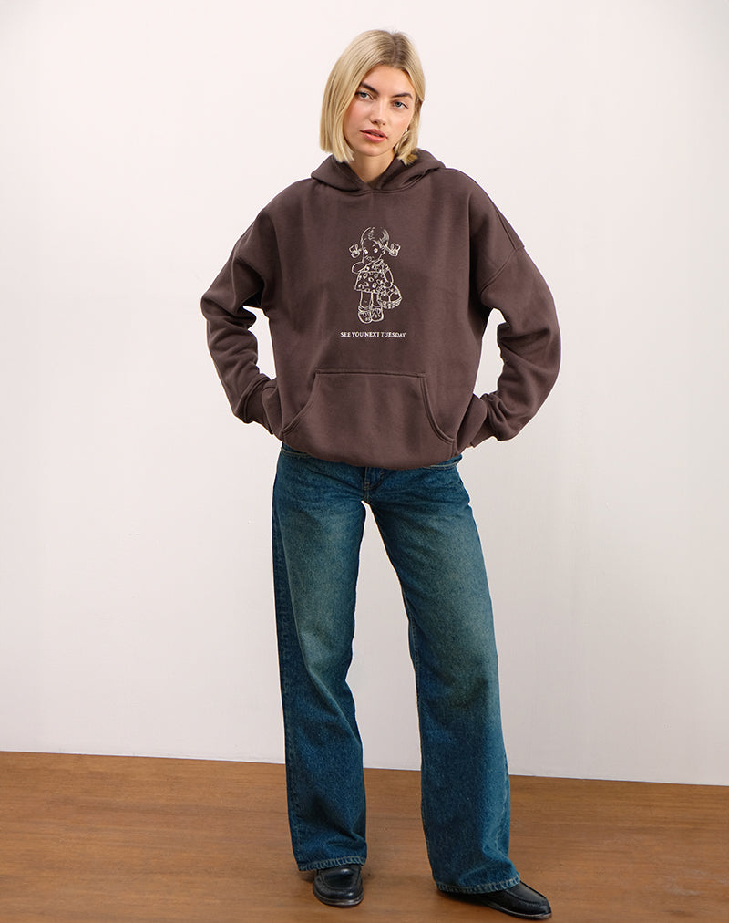 Immagine della felpa con cappuccio oversize in mogano profondo con stampa See You Next Tuesday