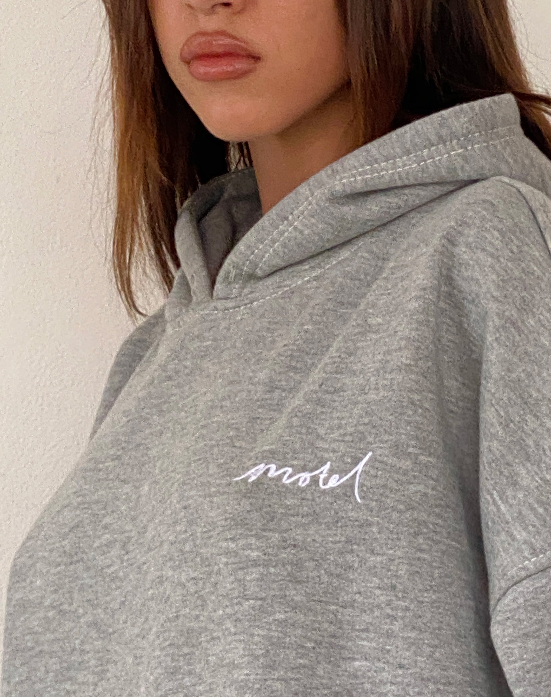 Immagine della felpa con cappuccio oversize in marna grigia con ricamo Motel Scribble