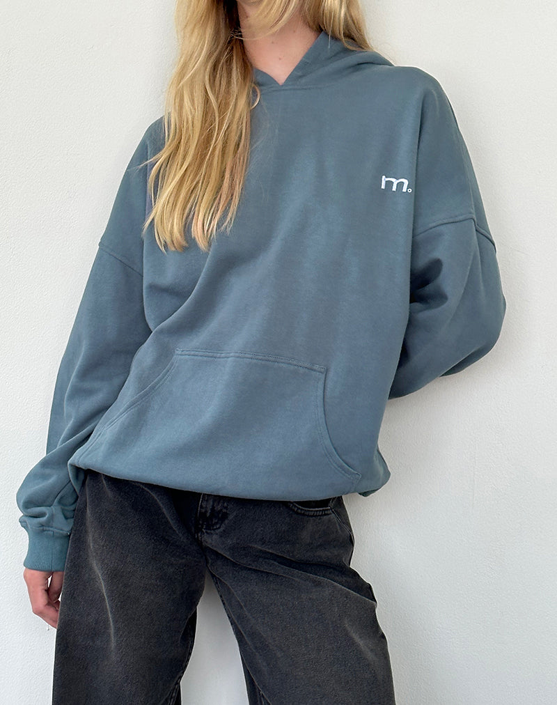 Felpa con cappuccio oversize in Blue Mirage con ricamo 'MOTEL' bianco
