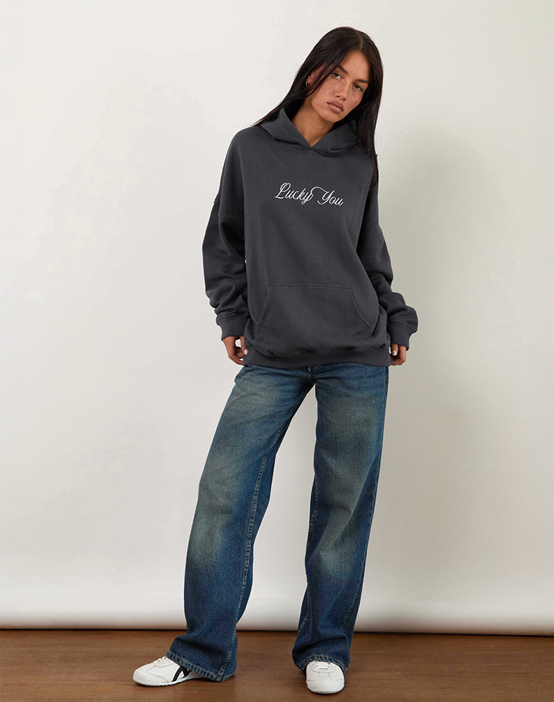 Immagine della felpa con cappuccio oversize in Ocean Storm con grafica Lucky You