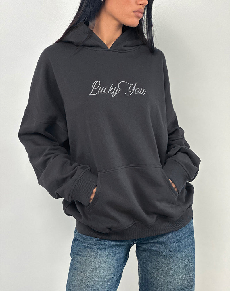 Felpa con cappuccio oversize in Ocean Storm con grafica Lucky You