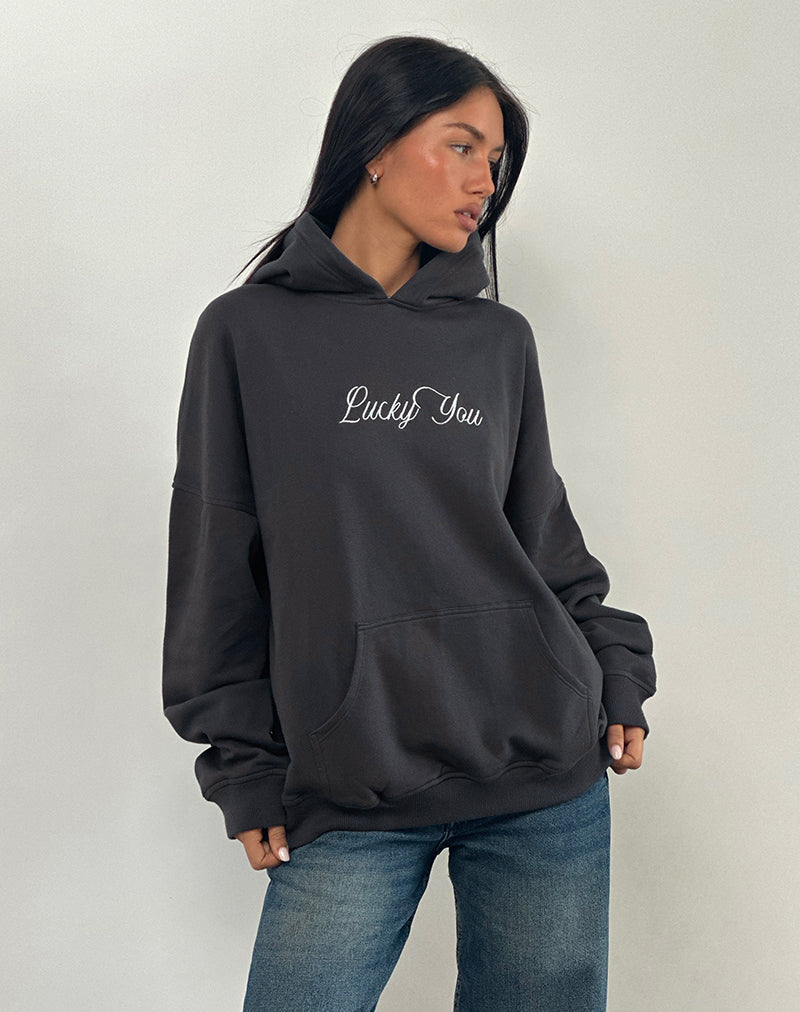 Immagine della felpa con cappuccio oversize in Ocean Storm con grafica Lucky You