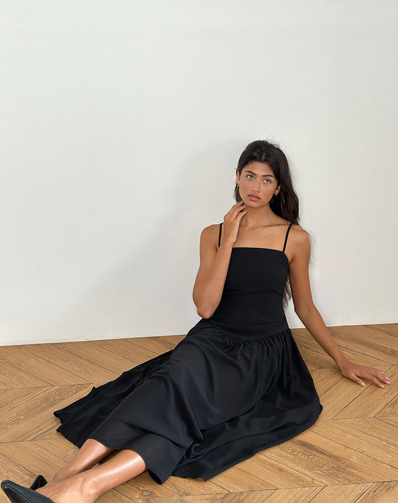 Paduri - Vestito midi a vita bassa in chiffon nero
