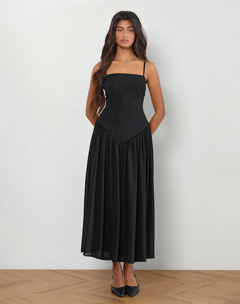 Paduri - Vestito midi a vita bassa in chiffon nero