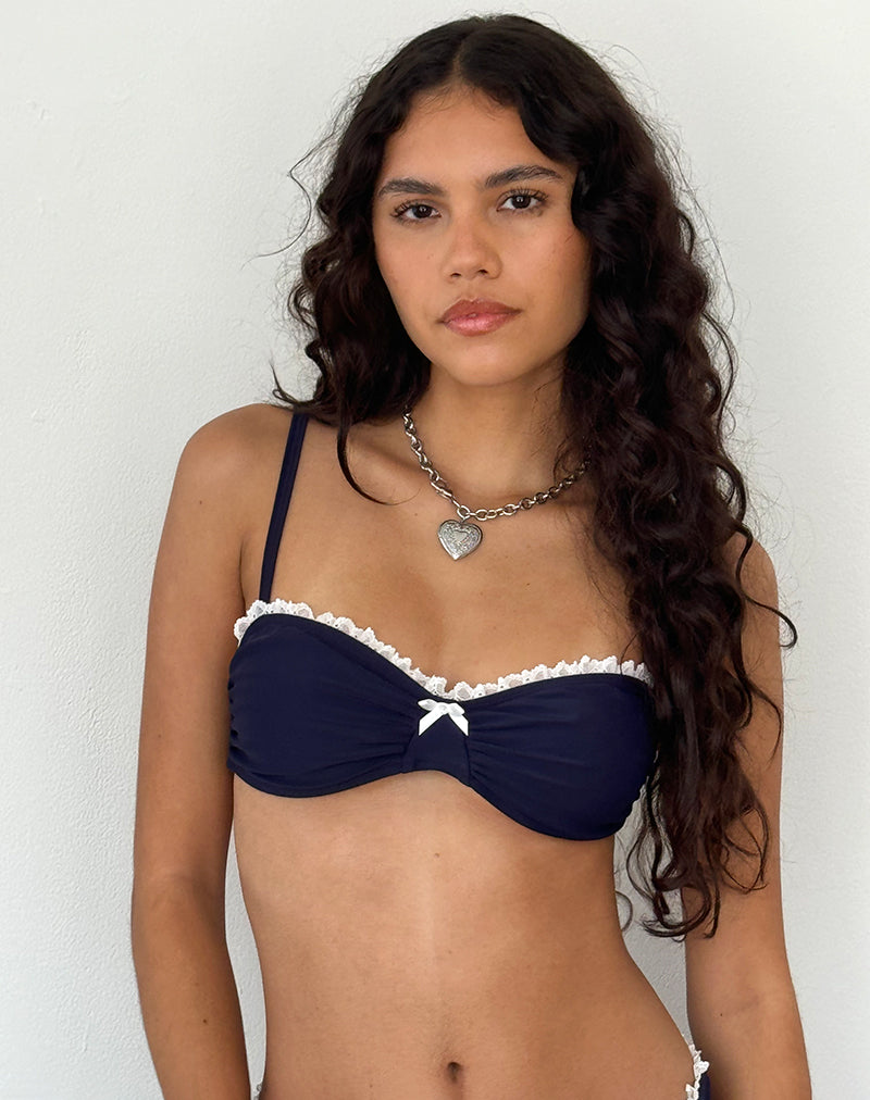 Top bikini Pali in blu notte con bordo broderie