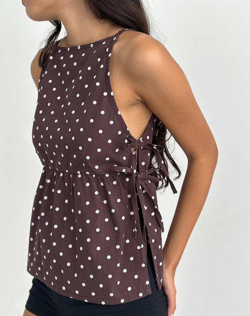 Immagine di Palsi Tie Side Top in marrone con pois medi bianco