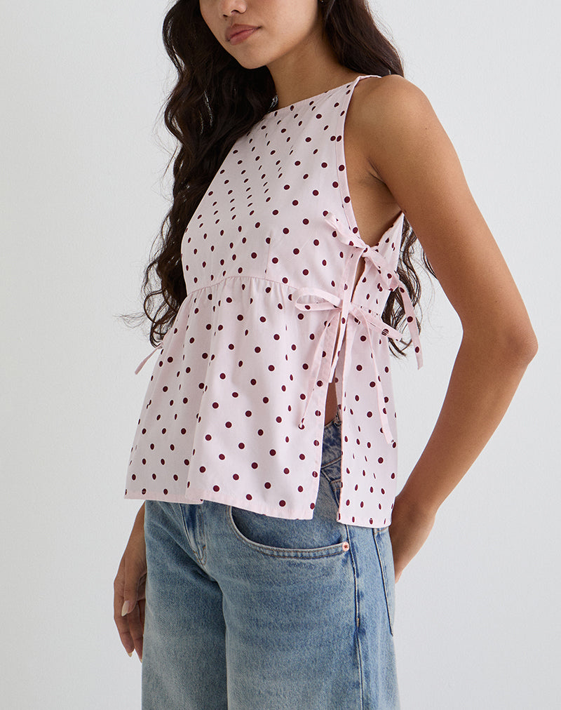Palsi Tie Side Top in rosa con pois medi rossi