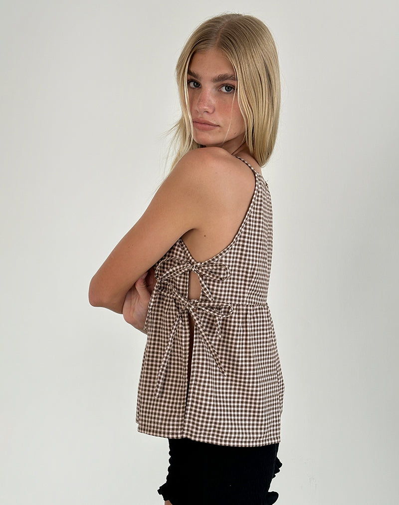 Immagine di Palsi Top senza maniche con laccetti in Mini Gingham Marrone