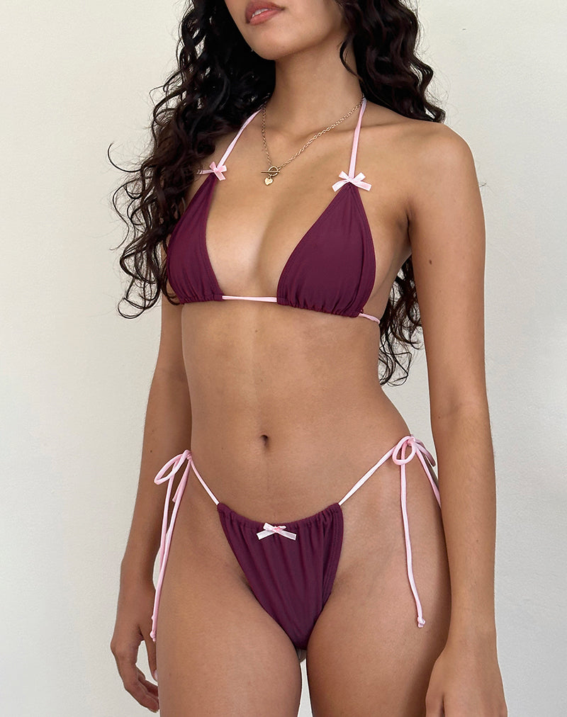Slip bikini Leyna con fiocco in vino con bordatura rosa Sakura