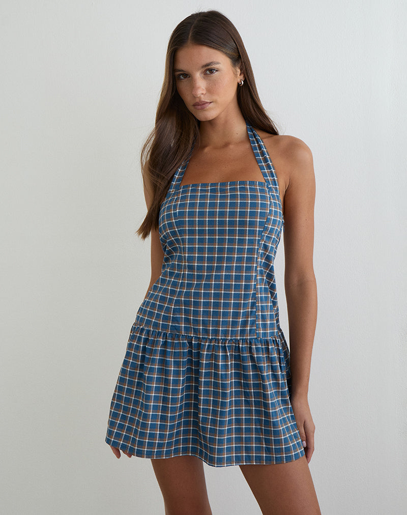 Immagine dell'abito mini con scollo all'americana Panja in tartan blu medio