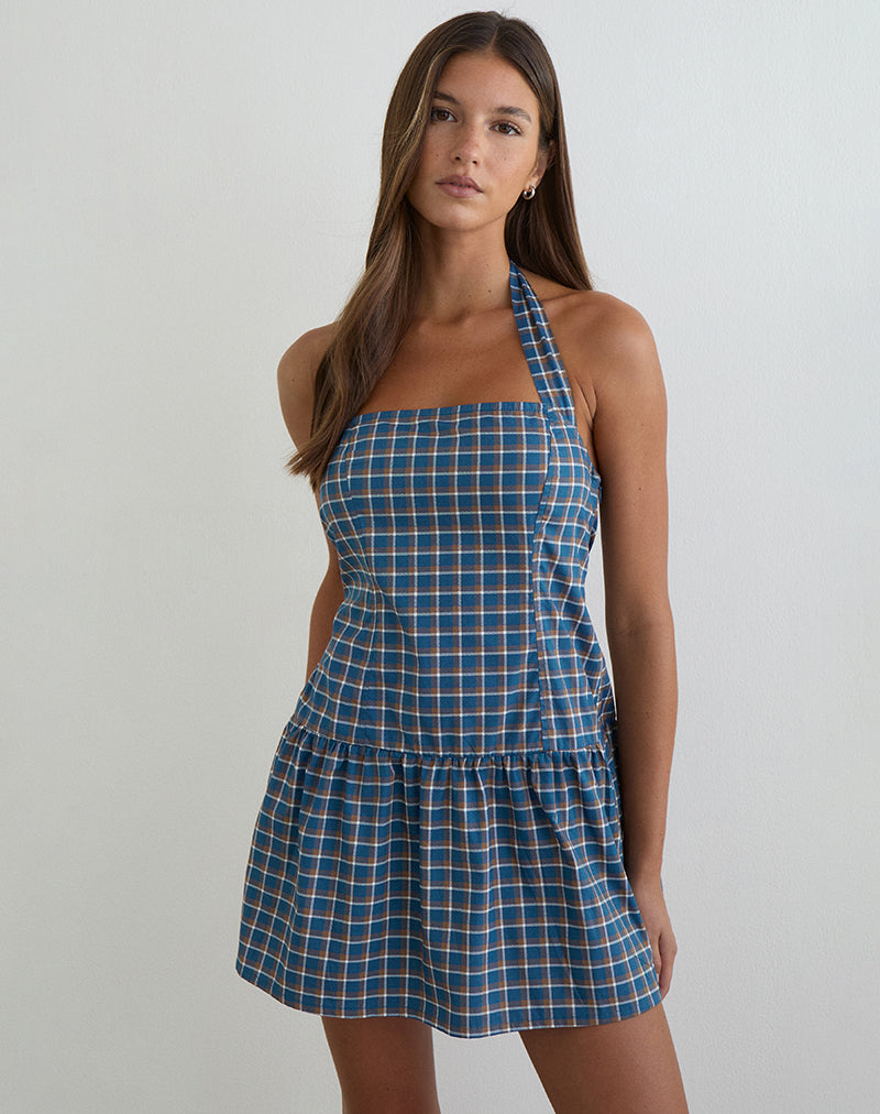 Immagine dell'abito mini con scollo all'americana Panja in tartan blu medio
