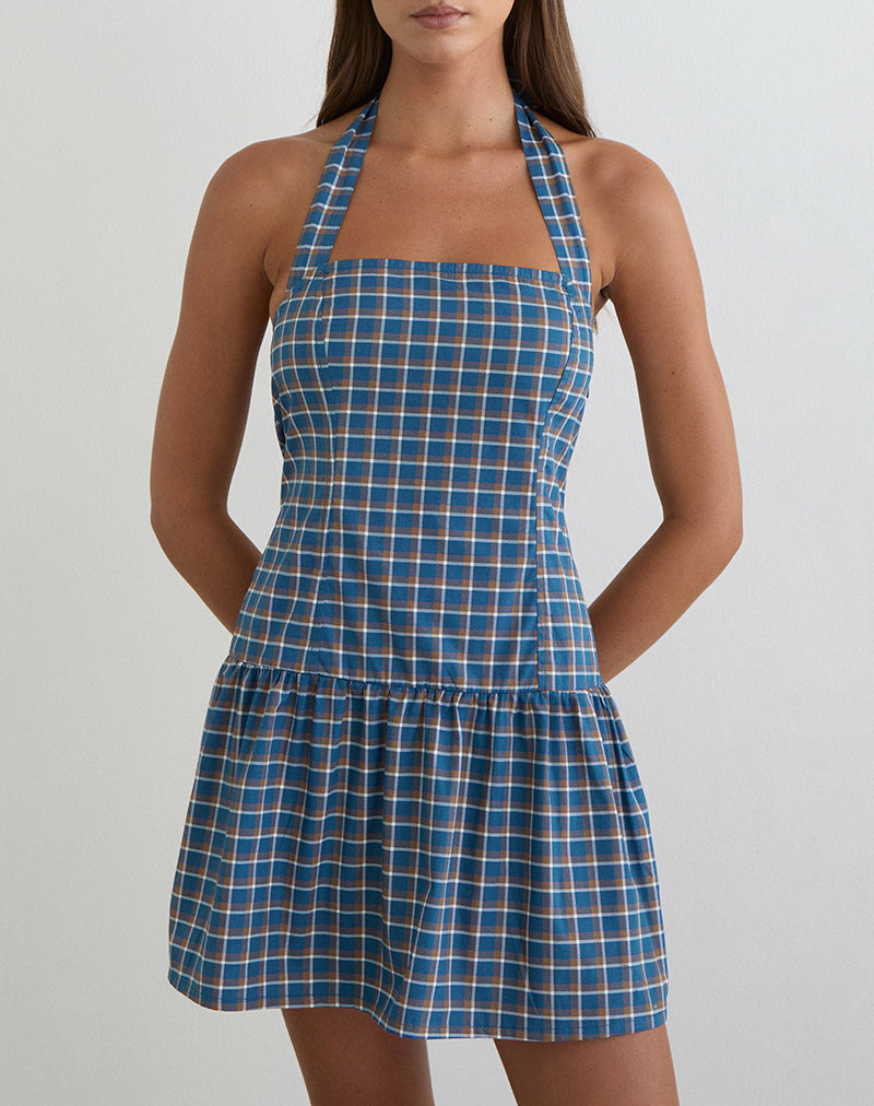 Immagine dell'abito mini con scollo all'americana Panja in tartan blu medio