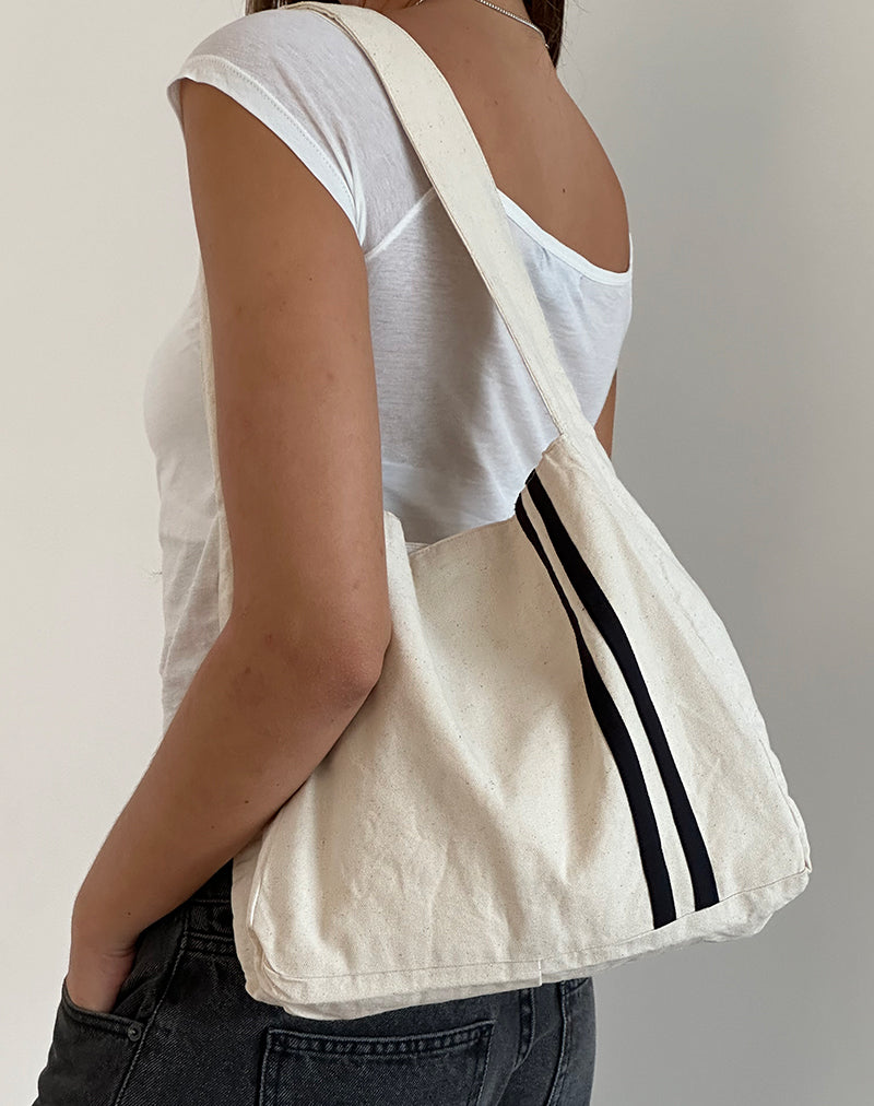 Borsa Pardi in tela ecrù con strisce nere