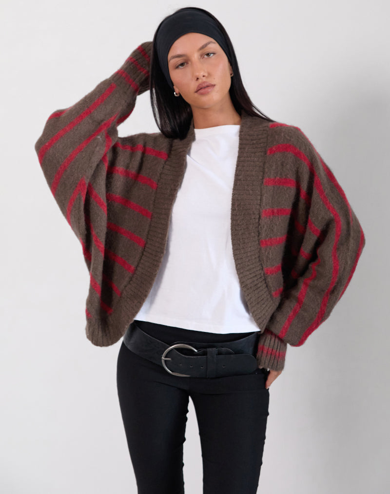 Cardigan Pasha Shrug a righe rosse e marroni