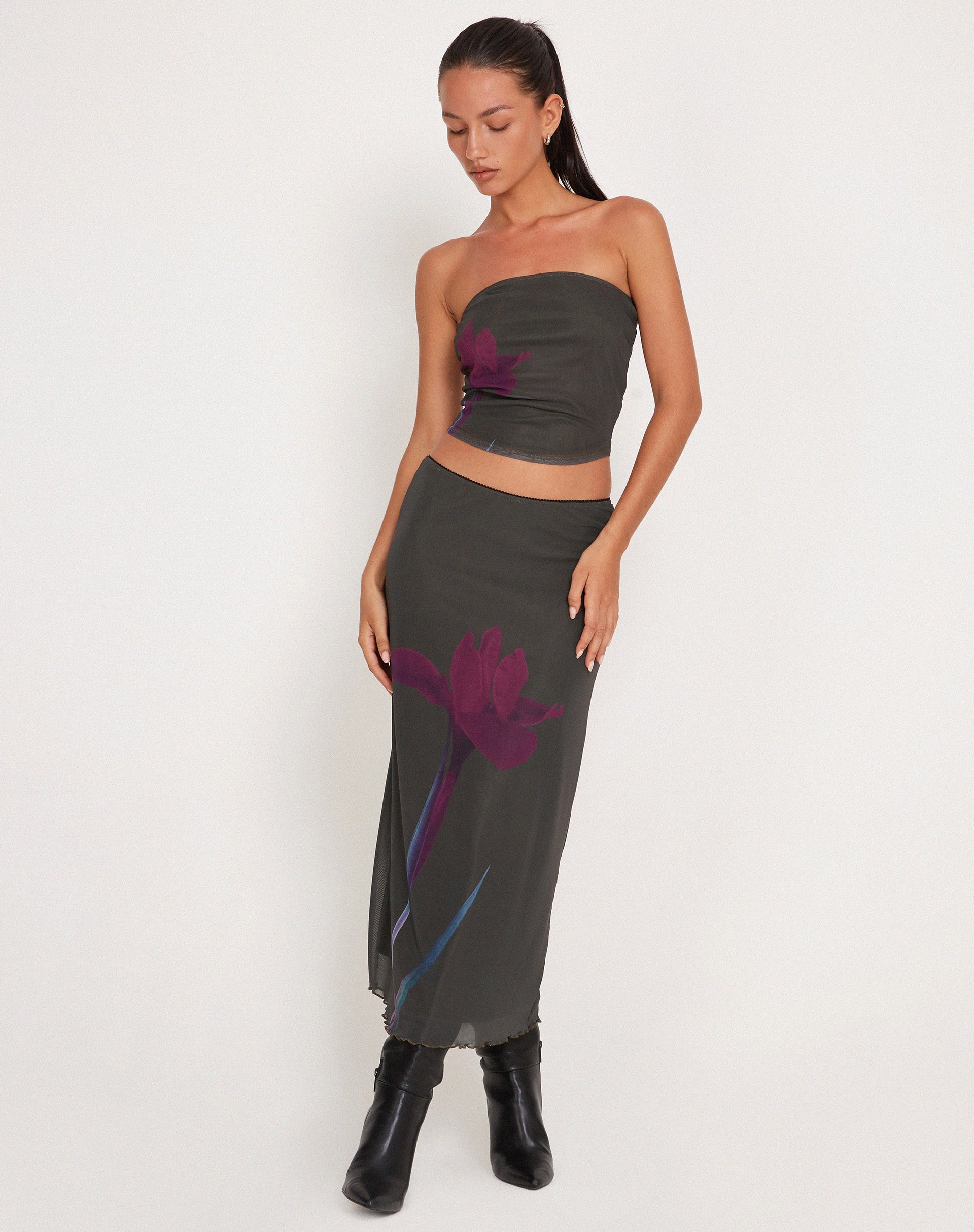 Immagine di Peggy Bandeau Top in verde con stampa floreale viola